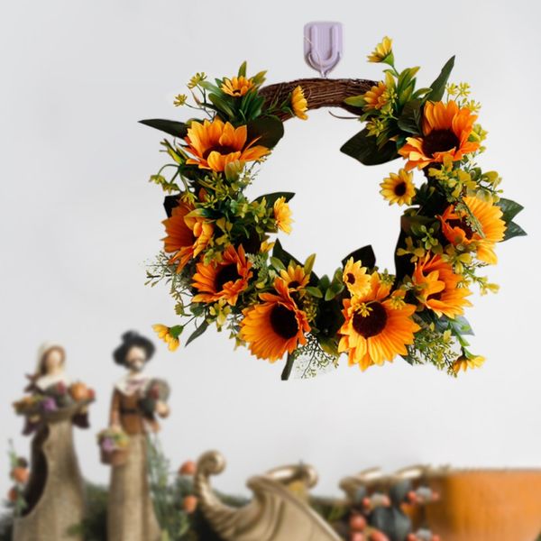 

cute artificial sunflower rattan wreath garland with green leaves front door window wall hanging decor natural scenery wreath
