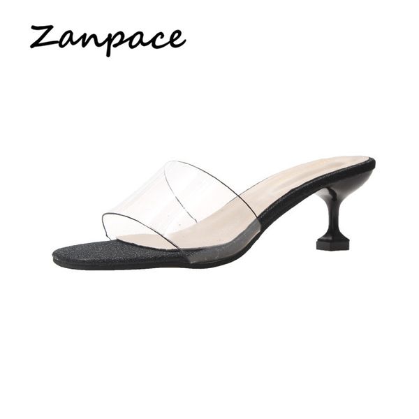 

2019 summer new slippers women pvc korean version 5cm transparent shoes slippers outside bling square med heels women shoes, Black