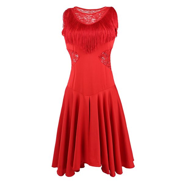 

pleated long latin dance dress with tassels round neck sleeveless hollow lace for women, Blue