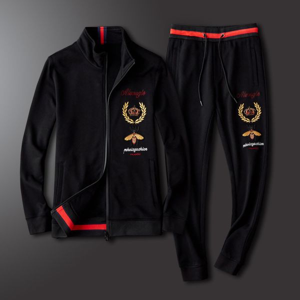 

2020 new spring autumn mens suit embroidery vests slim pants casual sportswear mens tracksuits hoodie+pants two piece sweatshirt set men, Gray