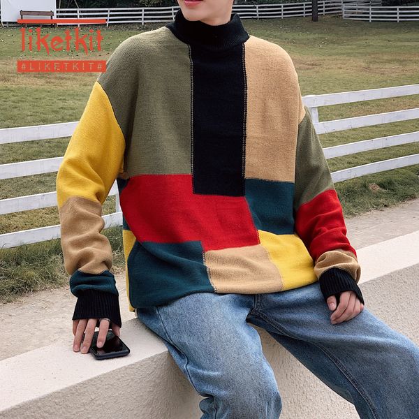 

liketkit men spring new casual turtleneck sweater 2020 color block fashion korean warm pullovers male oversized knitted sweaters, White;black