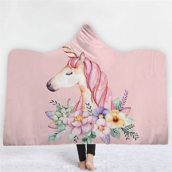 

wearable hooded throw blanket cartoon unicorn print sofa couch bed fleece fabric soft warm winter blankets 150*200cm/130*150cm
