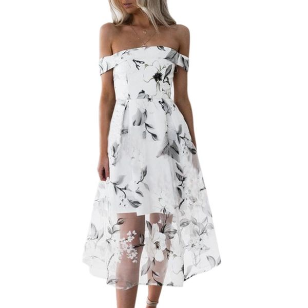 

2019 women's bohemia off shoulder floral print organza dress slim waist swing cocktail party dress flared beach, Black;gray