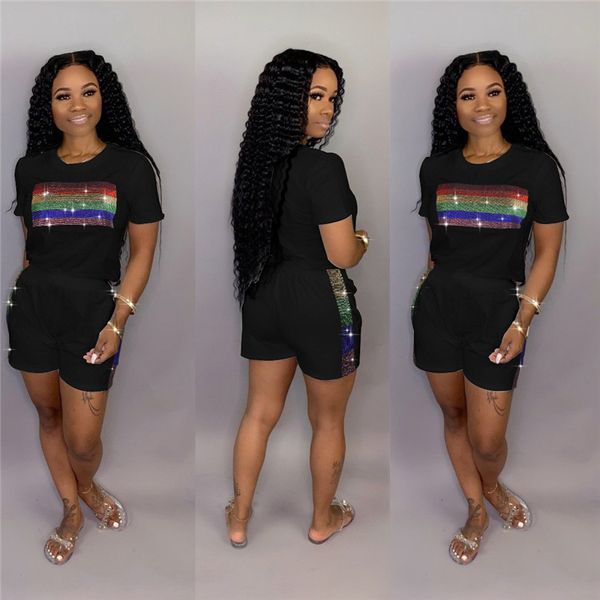 

лето горный хрусталь девушки 2шт наборы радуга полосатый твердые модные дамы 2шт брюки с коротким рукавом карманы повседневные женские спорт, White