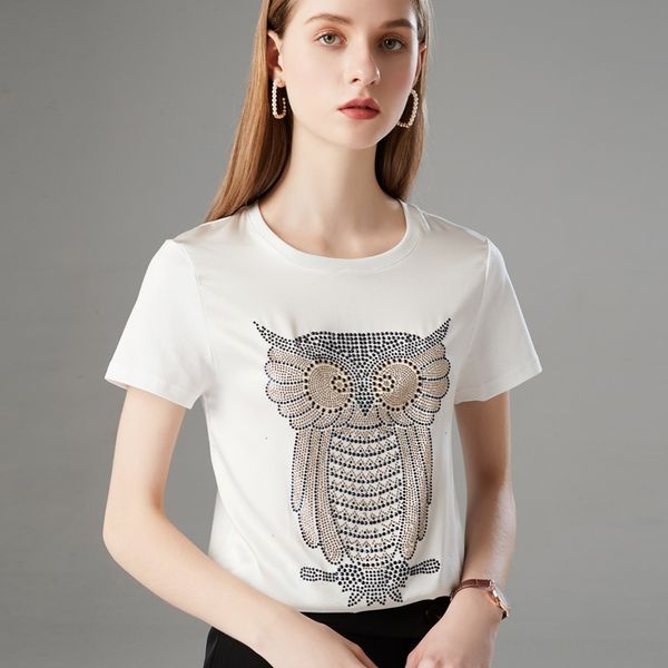 

2020 round collar silk short sleeve stitching diamond mulberry silk mercerized cotton female mercerized cotton stitching half sleeve, White