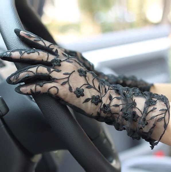 

women' spring and summer driving gloves summer sunscreen medium long gloves lady' slip-proof lace glove r375, Blue;gray
