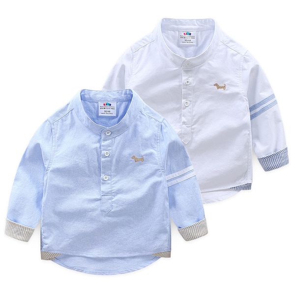 

2018 spring autumn 2 3 4 6 8 10 years children solid color cotton mandarin collar dog baby kids boys long sleeve white shirts, White;black