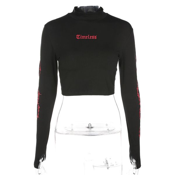 

fashion long sleeve gothic letter print cropped t shirt stand collar autumn black stand collar streetwear crop tshirt, White