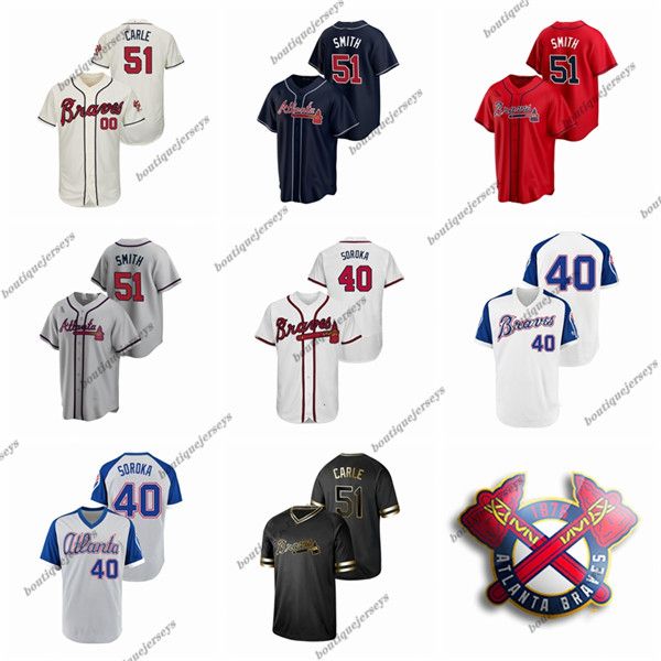 

custom men women kids atlanta braves 51 will smith 51 shane carle 40 mike soroka home black gray white red cream baseball jerseys, Blue;black