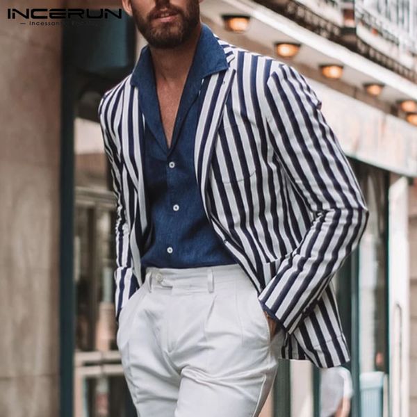 

incerun fashion men jackets striped long sleeve pockets elegant button formal business blazers coats men streetwear outwear 2019, Black;brown