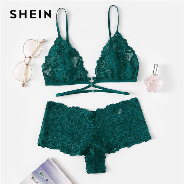 

шеин green sexy цветочных кружева белья набор лето женщин заднее закрытие беспроводной бюстгальтер и трусы твердого нижнее белье нижнее бель, Red;black