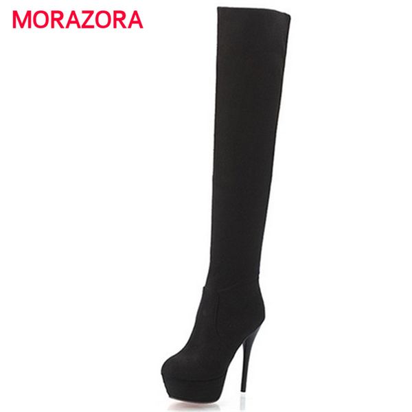 

morazora 2020 autumn 13cm high heels women boots platform flock over the knee boots lady thin heels thigh high, Black