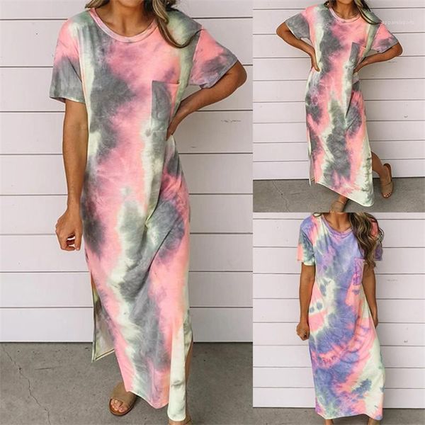 

short sleeve pencil dresses womens designer dresses fashion tie dye panelled dress casual loose natural color, Black;gray