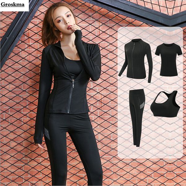 

4 piece set women quick dry sports running jacket+bra+t shirt+leggings fitness gym yoga suit outdoor training sets clothing, White;red