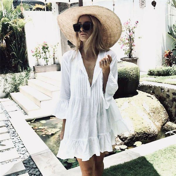 

loose white beach dress beach cover up women bikini cover up flare sleeve bohemian bathing suit sundress ruffle hem dress, Blue;gray