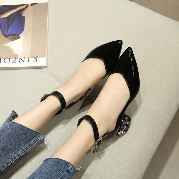 

new female high heels comfortable heel colored diamond decoration thick heel patent leathe simple designer women's shoes u22-35, Black