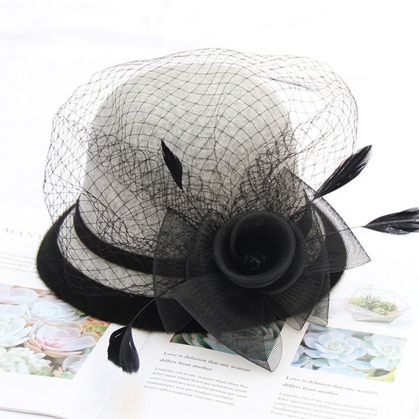 

2020 woolen wool wool feather mesh flower pot ladies elegant all-match hat fashion hat, Blue;gray