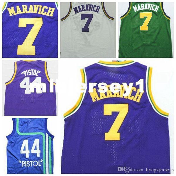 

men's #7 pete maravich jersey white green blue purple stitched #44 pistol pete maravich basketball jerseys ncaa col, Black;blue