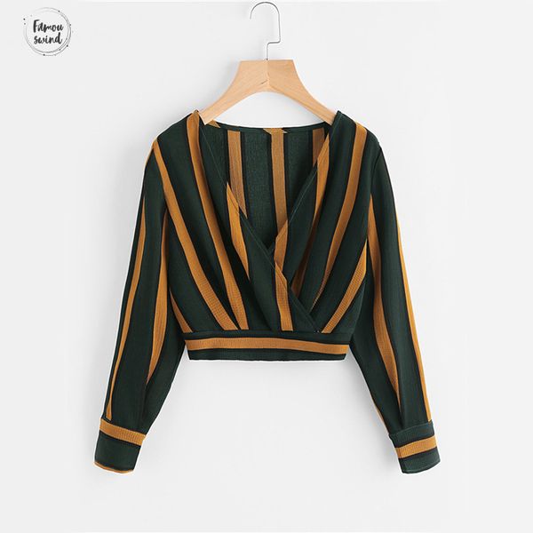 

yellow stripe blouse crop wrap v neckline ruched 2019 fashion women elegant button long sleeve blouse, White