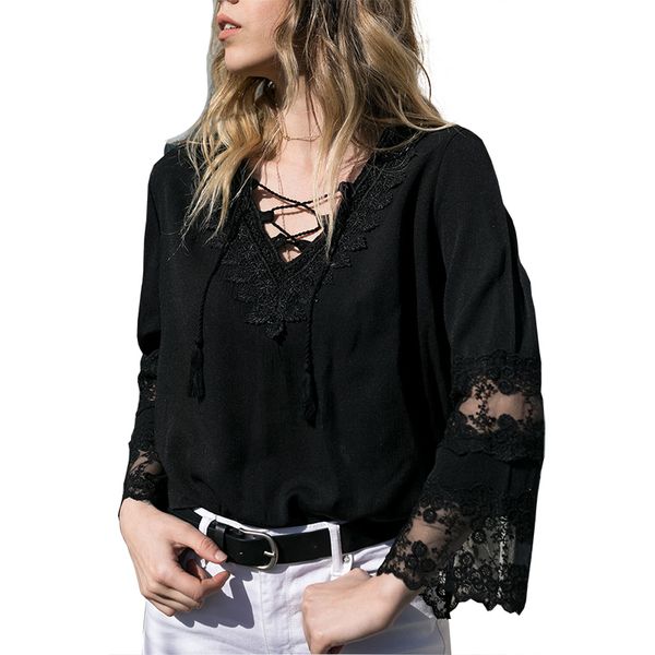

aselnn women and blouse 2019 summer new v neck flare long sleeve lace patchwork chiffon blusas mujer de moda 2019, White
