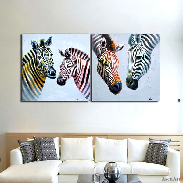 Modern Oil Painting Pictures Hand Painted Zebra Couples Colorful Line Animal 2 Panel Canvas Art Wall Painting For Living Room Gag Gift Catalogs Gag