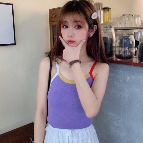 

fashion new fresh contrast color knit camisole bottoming vest, White