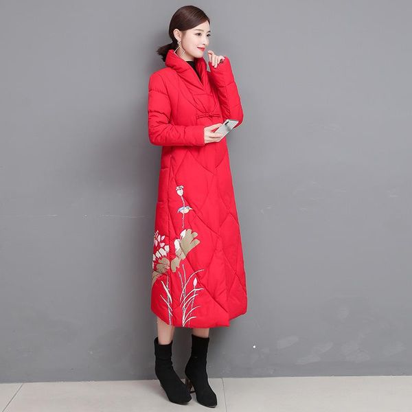 

women's chinese style parka coat print winter cotton padded long jacket fashion thick warm coats, Black
