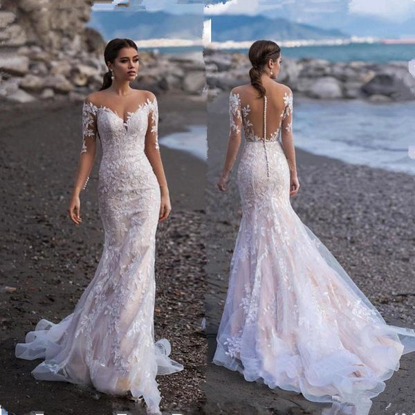 

sheer long sleeves lace appliqued jewel neck mermaid wedding dresses with buttons tulle bridal gowns with sweep train, White
