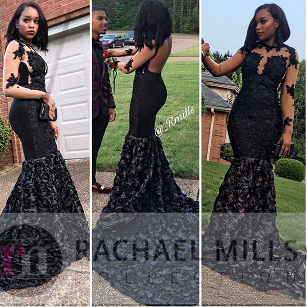 

2019 Sexy 2K17 Mermaid Prom Dresses Jewel Neck Long Sleeves 3D Floral Flowers Backless Formal Party Dress Evening Gowns