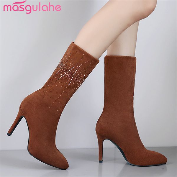 

masgulahe 2019 new fashion thin high heel boots women pointed toe crystal slip on party wedding shoes woman mid calf boots, Black