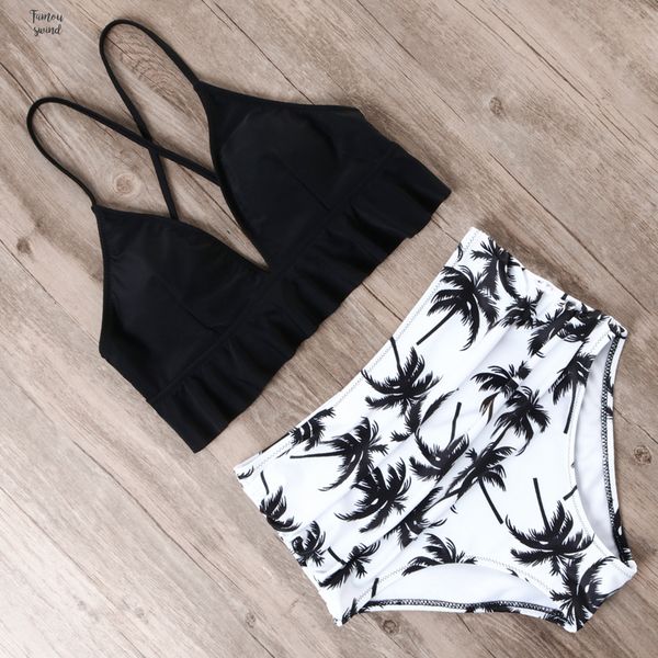 

high waist swimsuit bikini 2019 suit bathing suit women push up halter bikini set separate swimwear female swim ruffle, White;black