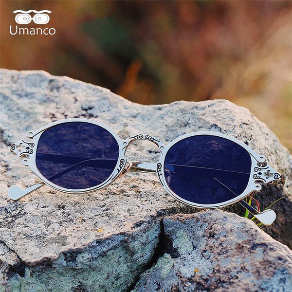 

umanco 2019 new street shoot retro steampunk hip hop sunglasses for women men alloy oval frame vintage pattern sun glasses gifts, White;black