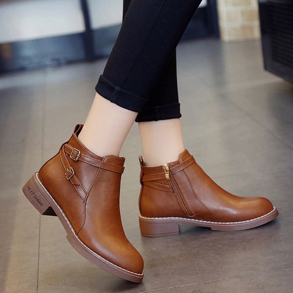 

2019 new fashion european style black ankle boots flats round toe back zip new boots pu leather woman shoes