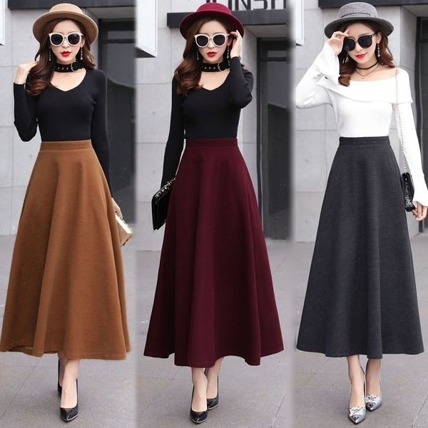 

women skirts long skirt waist high woolen skirts womens winter fashion long pleated skirt with belt casual ladies saia longa black