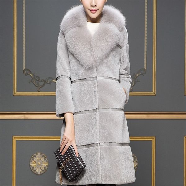 

209 winter luxury fashion faux fur collar thicken slim long lamb fur coat women patchwork warm faux leather jacket xl50100, Black