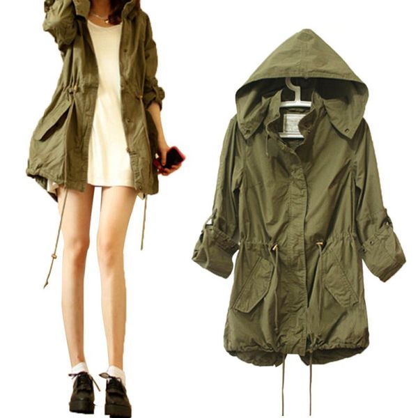 

women spring autumn army green parka trench hooded coat jacket hoody, Black;brown