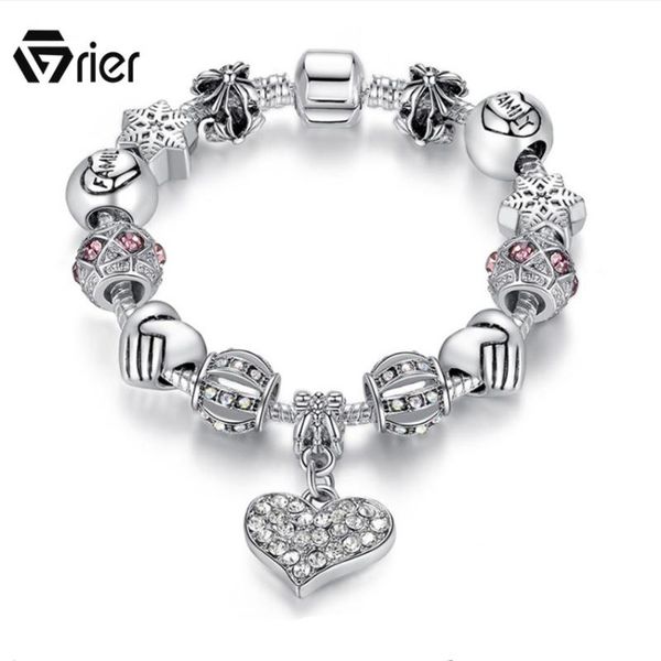

grier 2020 jewelry silver charms bracelet & bangles with snowflake heart beads bracelet for women, Golden;silver
