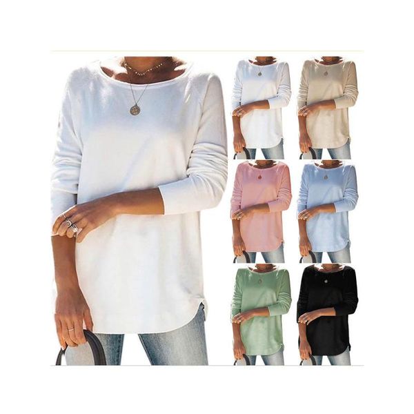 

women's solid color printing dyeing pigmentation tinct ladies loose blouse round neck long-sleeved casual sports t-shirt, White