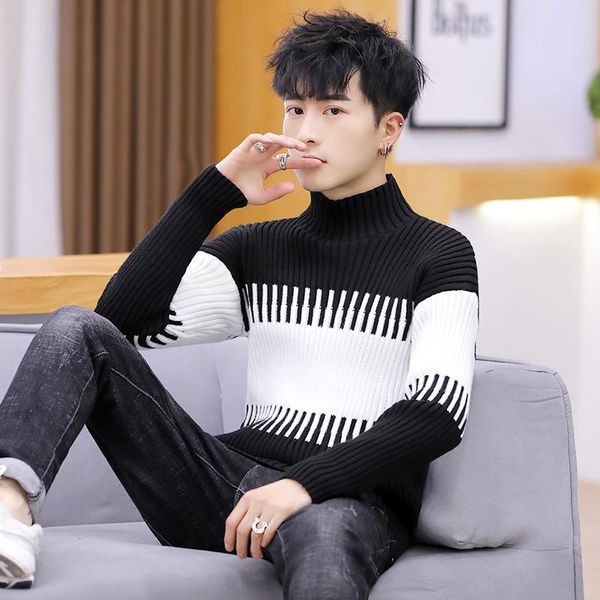 

2019 winter high neck thick warm sweater men turtleneck brand patchwork mens sweaters slim fit pullover men knitwear, White;black