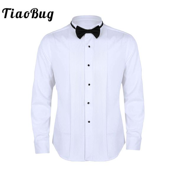 

tiaobug men long sleeve slim fit solid color casual tuxedo dress shirts with bow tie white business formal wedding party shirt, White;black