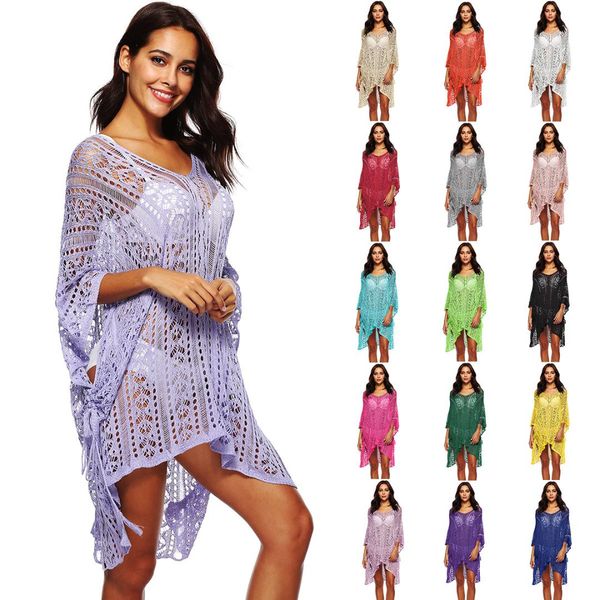 

new women lace crochet knitting irregular bat sleeves beachwear cover up kaftan beach dress summer beach swim wear dress, Blue;gray