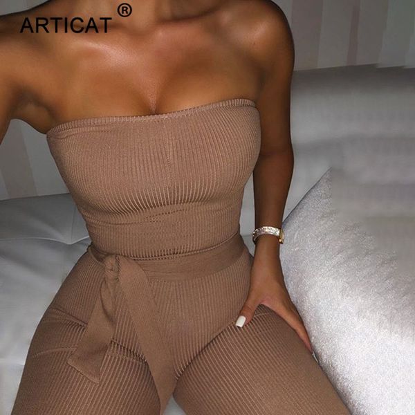 

articat cotton knitted jumpsuit women off shoulder bodycon rompers womens jumpsuit with belt fashion long pants jumpsuits, Black;white