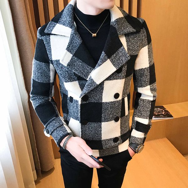 

xiu luo 2019 brand short jacket men's autumn winter new british style trendy lattice thicker double breasted woolen coat, Black