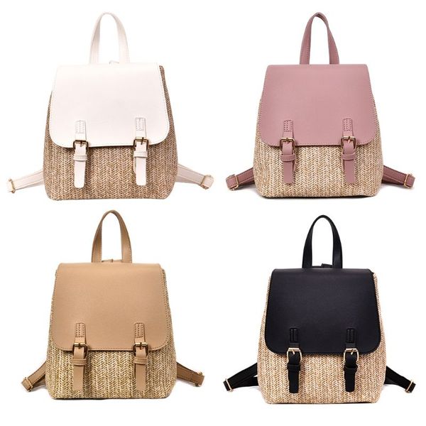 

fashion new women color block summer straw backpack girls student shoulder multifunction school bag backpack beach bag daypack