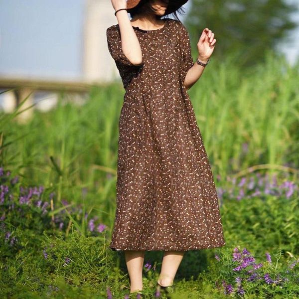 

fairynatural women spring summer ladies flower print cotton linen dress 2020 new o-neck robes women coffee grey vintage dresses, Black;gray