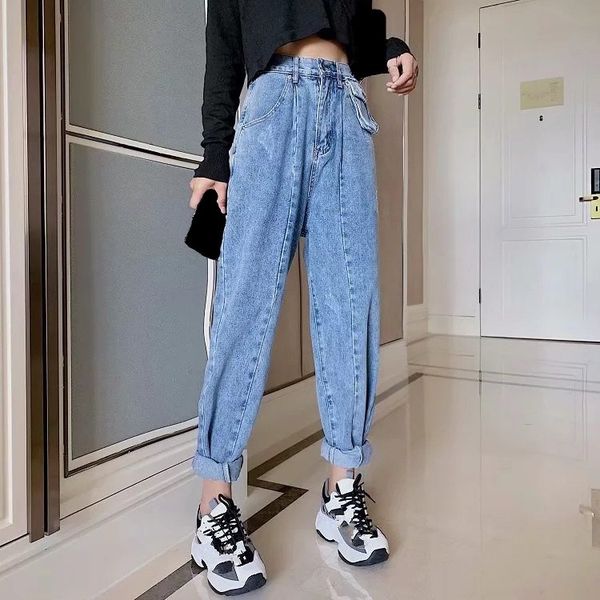 

2019 autumn high waist harem jeans women retro solid pockets denim pants harem pants casual loose trousers, Blue