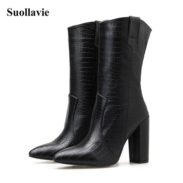 

suollavie women black chunky boots mid- calf pointed toe rubber western high heels lady autumn fashion shoes