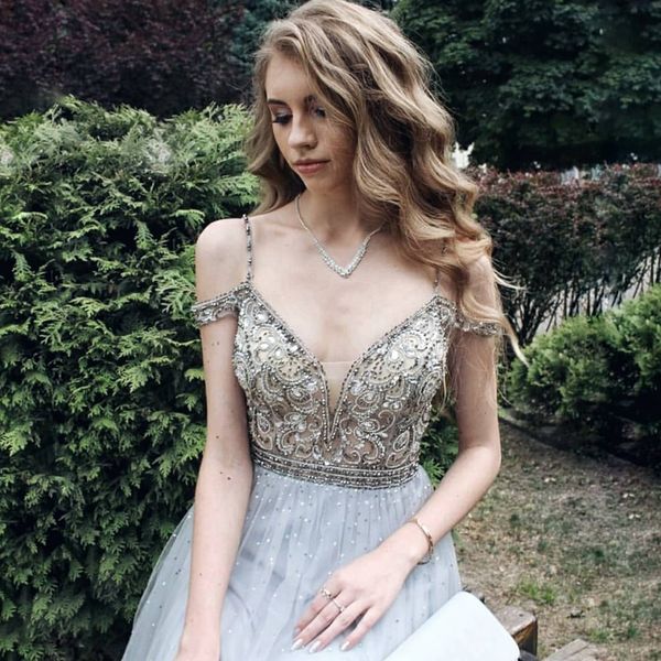 

liya2019 new off the shoulder v-neck spaghetti strap elegant beading luxury tulle formal evening prom dress, White;black