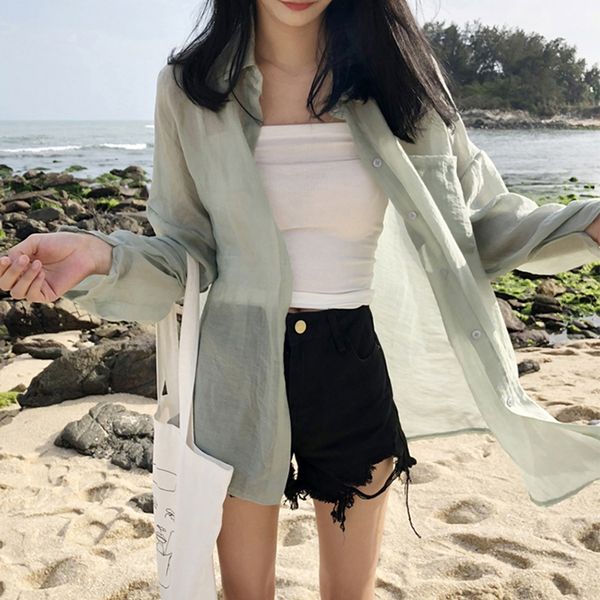 

summer blouses thin sunscreen pocket shirts female long sleeve shirts, White