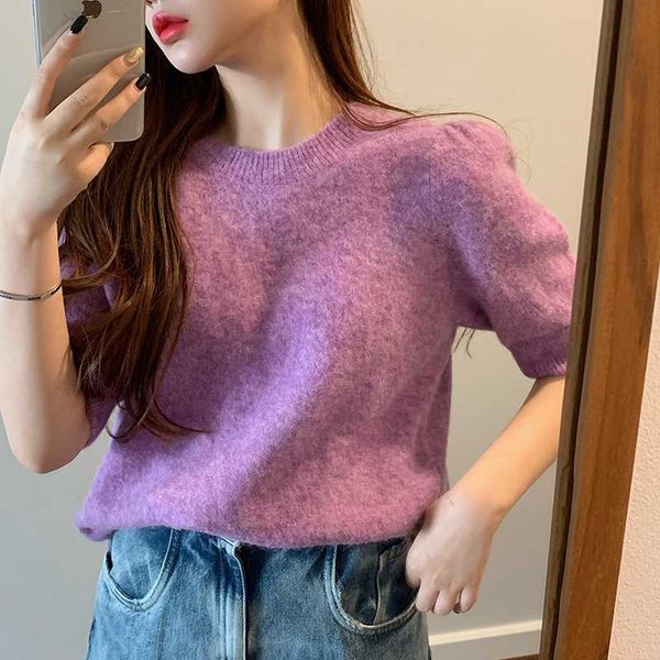 

2020 spring and autumn solid color soft purple short-sleeve pullover knitted sweaters womens (r98085, White;black